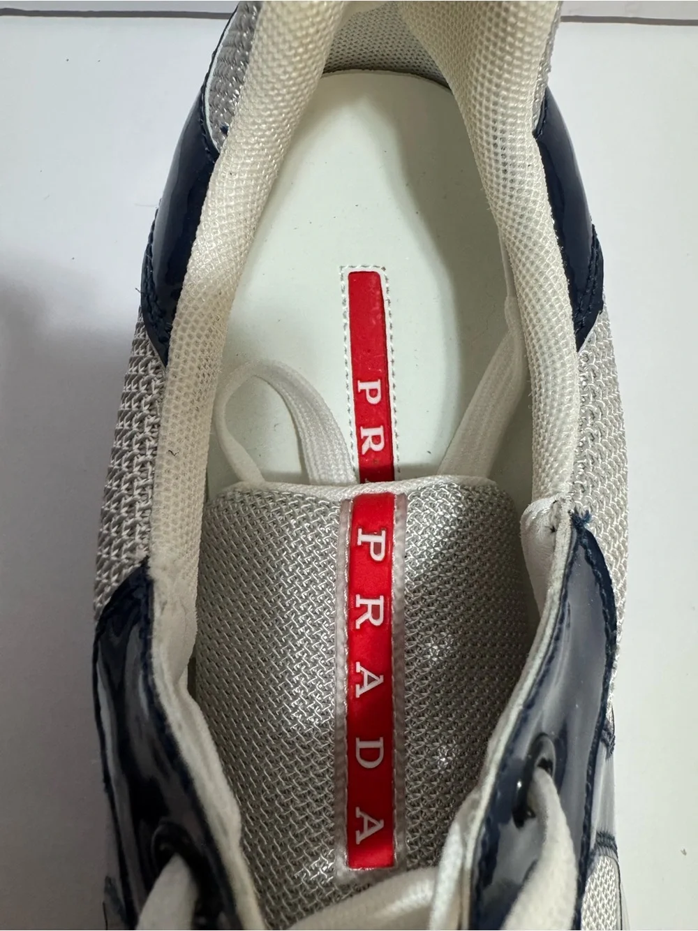 Prada America’s Cup Style Patent Mesh Sneakers Navy White Men’s Size 10.5 EU 44 - Picture 7 of 10